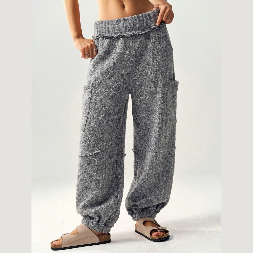Gray Marled Knit Raw Edge Pocket Jogger Sweat Pants